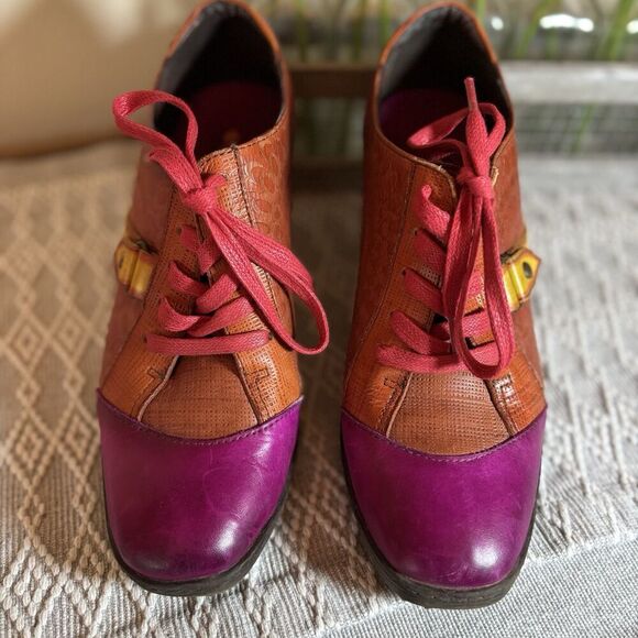 SOCOFY Multi-color  Embossed  Lace Up Ankle Retro/Vintage  Pumps  sz39 (8-8.5). - Picture 2 of 9